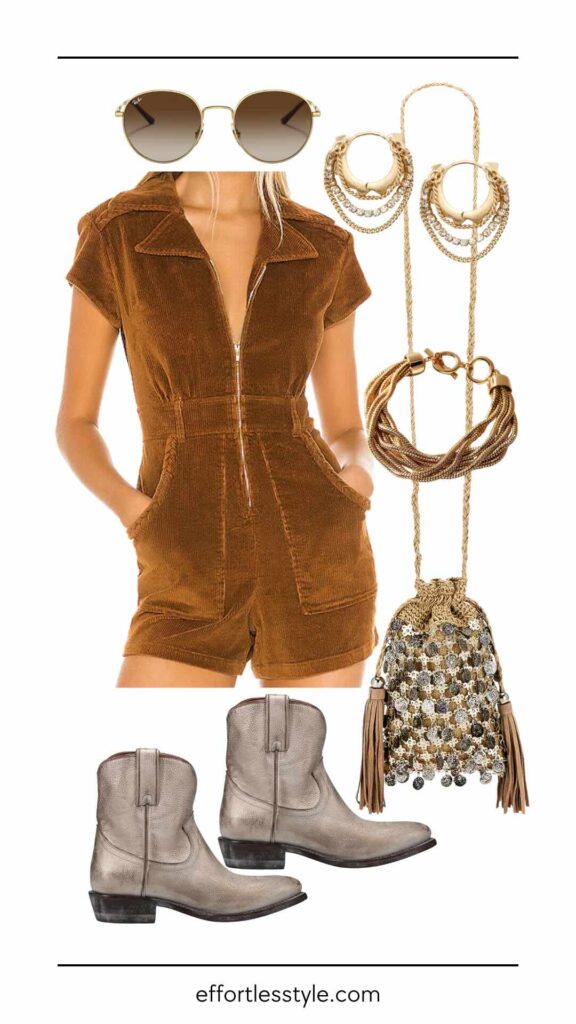 What To Wear To Pilgrimage Music Festival Romper & Short Boots how to style a romper how to wear a corduroy romper how to style metallic cowgirl boots what to wear to a concert in September country music concert outfit what to wear to a country music concert what to wear to Pilgrimage Pilgrimage concert