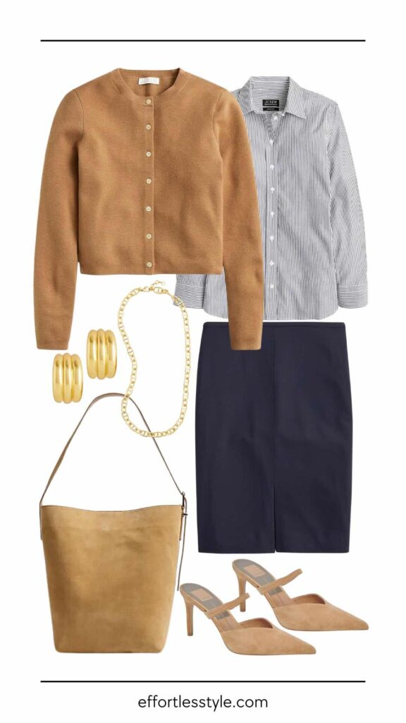 How To Elevate Your Office Style Striped Button-Up Shirt & Front Slit Pencil Skirt classic workwear looks Nashville personal stylists share tips for work attire what to wear to work this fall how to wear a cardigan how to style a pencil skirt