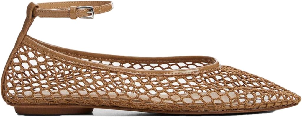 Tan Mesh Ankle Strap Flats