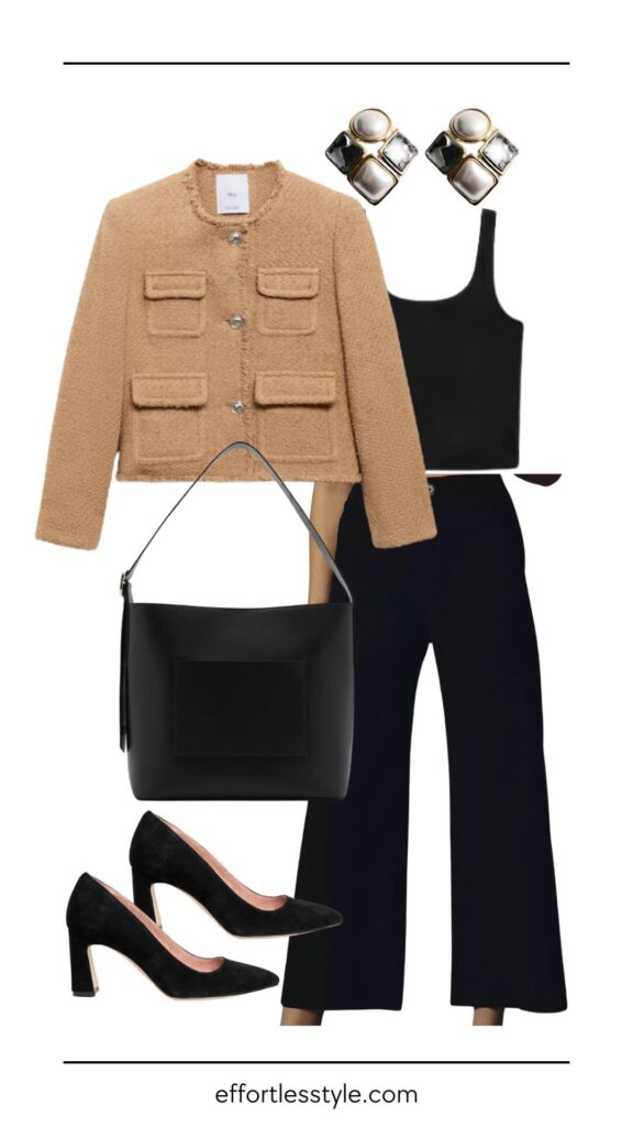 How To Elevate Your Office Style Tweed Crop Jacket & Cropped Wide Leg Pants how to create a camel and black look what to wear to the office how to accessorize with black how to wear cropped wide leg pants to work how to style cropped wide leg pants for the office