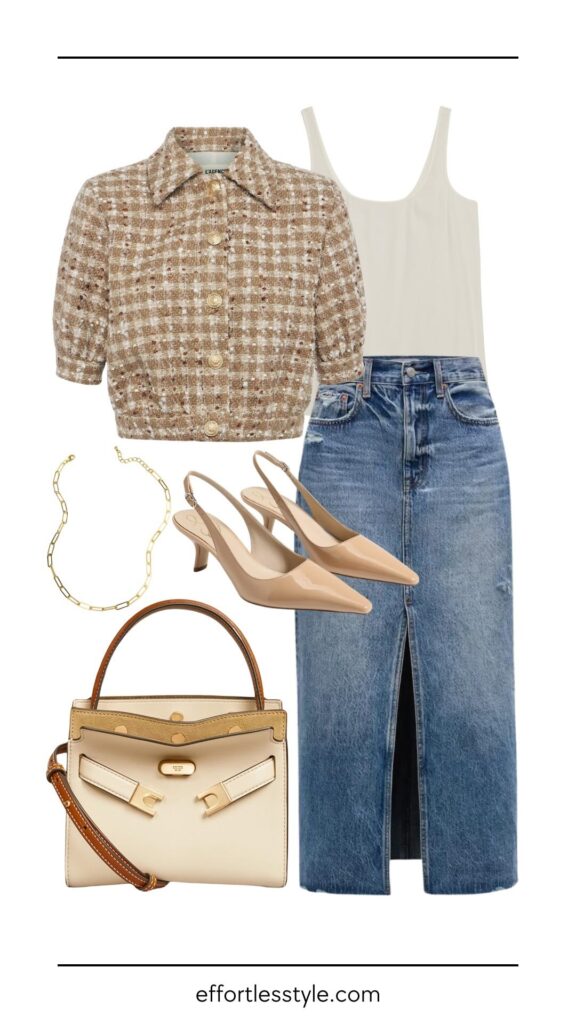 How To Wear A Raw Hem To The Office Cropped Tweed Jacket & Raw Hem Denim Midi Skirt how to style a crop jacket how to style a tweed jacket how to style a denim midi skirt how to wear a denim midi shirt to the office how to wear slingbacks