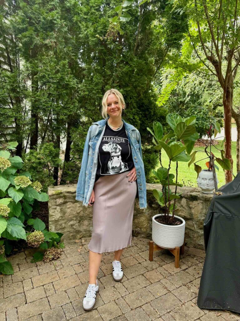 Tee & Slip Skirt Nashville personal stylists share favorite tee shirts how to style a tee with a slip skirt how to dress a slip skirt down how to style sneakers with a slip skirt the best jean jackets 