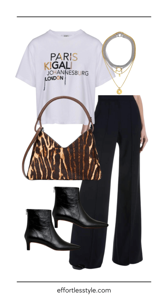 How To Wear A Graphic Tee This Fall Graphic Tee & Wide Leg Trousers dressy casual fall outfit how to wear a tee shirt with trousers how to style trousers for fall how to wear leopard print the best fall accessories fall style Nashville personal stylists share favorite graphic tee shirts