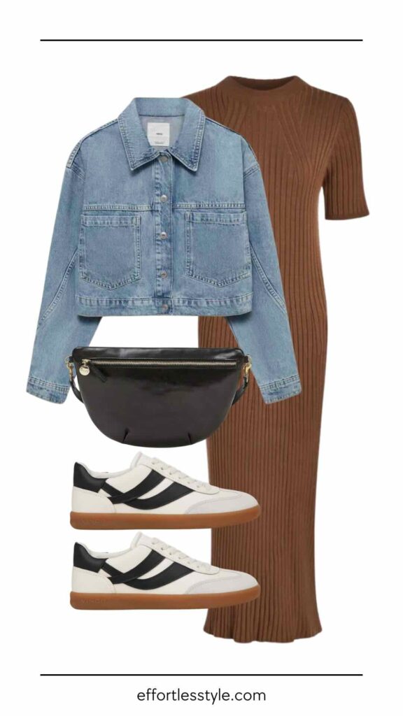 Fall Travel Capsule: Europe Edition Denim Jacket & Midi Dress how to wear a midi dress with sneakers how to style a denim jacket in Europe what to wear in Europe this fall how to wear a dress for sightseeing how to style a dress for a museum elevated casual style for travel travel style inspiration 