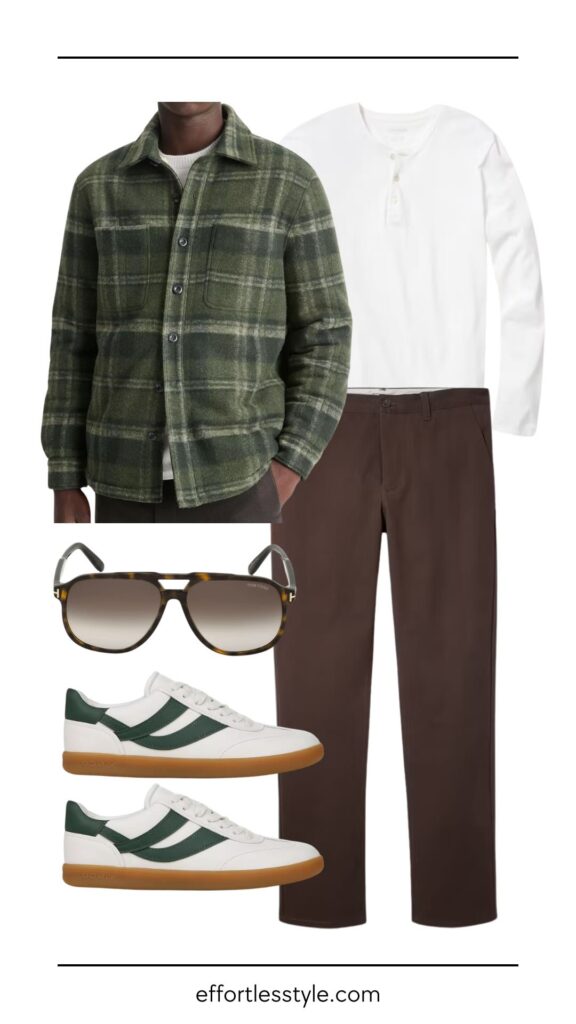 Plaid Shirt Jacket & Chinos how to style a shirt jacket how to style chocolate brown chinos how to wear leather sneakers how to style a henley fall style inspiration for guys what to wear this fall fall menswear 