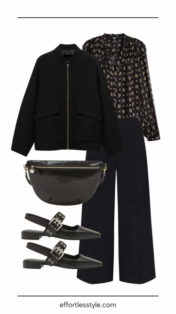 Fall Travel Capsule: Europe Edition Printed Blouse & Black Pant dressy travel outfits chic travel outfits what to wear to dinner in Paris this fall how to wear black this fall how to style a black bomber jacket the best shoes for fall travel