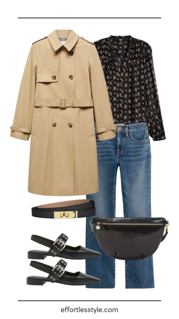 Fall Travel Capsule: Europe Edition Printed Blouse & Dark Wash Jean affordable trench coat how to wear jeans in Europe how to dress jeans up for a trip to Europe what to pack for Europe European travel style