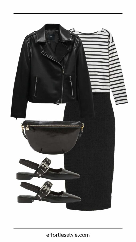 Fall Travel Capsule: Europe Edition Striped Tee & Midi Skirt what to wear to afternoon tea how to style a striped shirt the best black flats for fall travel how to style a leather jacket the most versatile fall pieces what to put in your suitcase for a trip to Europe minimalist packing for Europe travel outfits