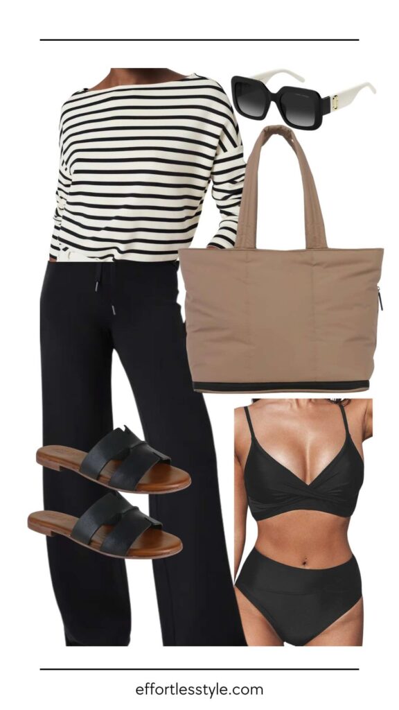 From Plane To Pool Striped Long Sleeve Tee & Wide Leg Pant the best fall beach accessories what to wear on the plane this fall what to wear at a resort what to wear poolside the best tote bag for weekend travel how to travel in style chic travel outfits stylish travel outfit the best cover ups for fall