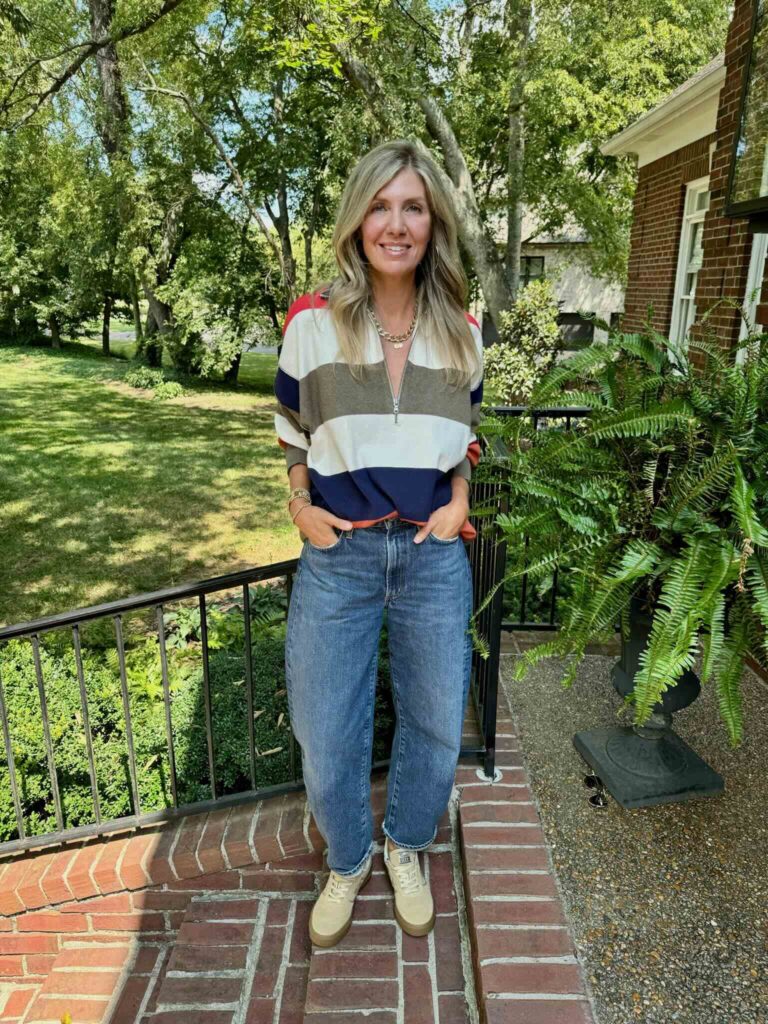 4 Ways To Wear Barrel Jeans Striped Pullover & Barrel Jeans fall style inspo what to wear this fall what to buy this fall fall trends how to style barrel jeans with sneakers how to style a pullover elevated casual fall style