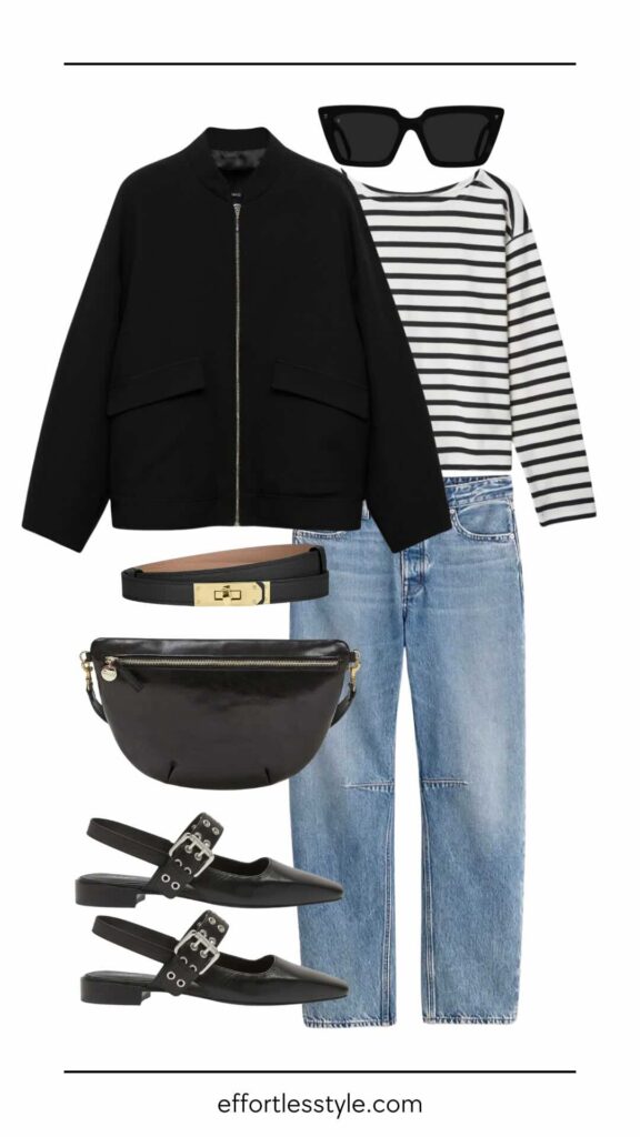 Fall Travel Capsule: Europe Edition Sweatshirt Striped Tee & Barrel Jean how to wear jeans in Europe how to style barrel jeans for fall what to pack for a trip to Europe travel style chic travel looks the best flats for fall travel travel style inspo Nashville personal shoppers share tips for packing for Europe how to pack for a trip to Europe this fall