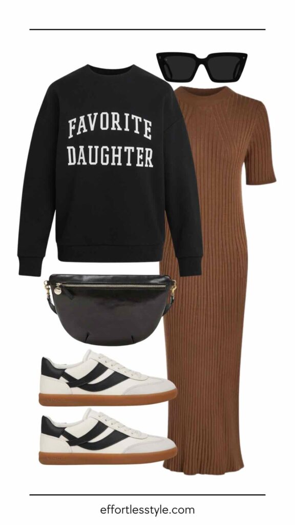 Sweatshirt & Midi Dress how to wear a sweatshirt over a midi dress how to style sneakers with a midi dress the best travel accessories for fall what to wear in London what to wear in New York what to pack for fall trips tips for packing for fall trips