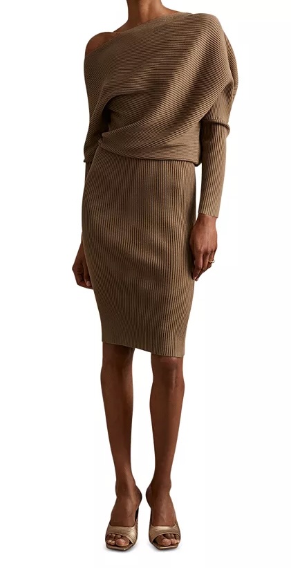 Fall Trends: Sweater Dresses Asymmetric Neck Knee Length Sweater Dress date night dress the best sweater dresses for fall how to buy a sweater dress fall fashion what to wear for date night dressy sweater dress