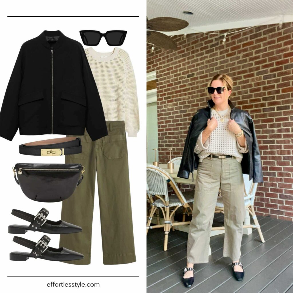 Fall Travel Capsule Wardrobe: How to Wear Bomber Jacket + Open Stitch Sweater + Wide Leg Pant how to style wide leg pants how to wear an open stitch sweater what to wear in Europe what to pack in your suitcase for Europe