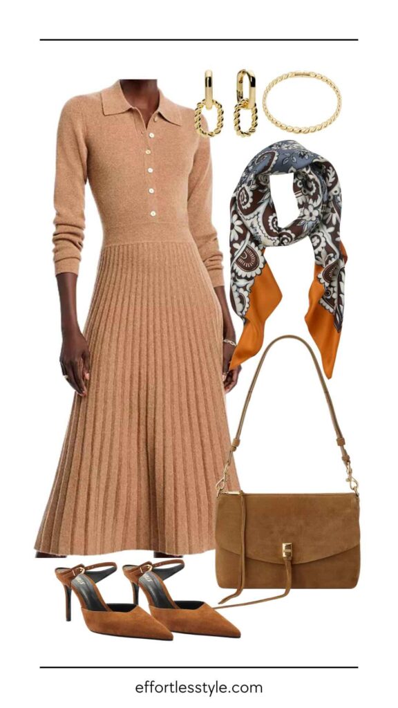 Fall Dress Edit: Stylish Picks For The Season Cashmere Sweater Midi Dress & Pumps how to style an accordion skirt dress how to style a sweater dress how to accessorize a sweater midi dress thanksgiving outfit inspiration the best fall accessories how to style a silk scarf fall outfit