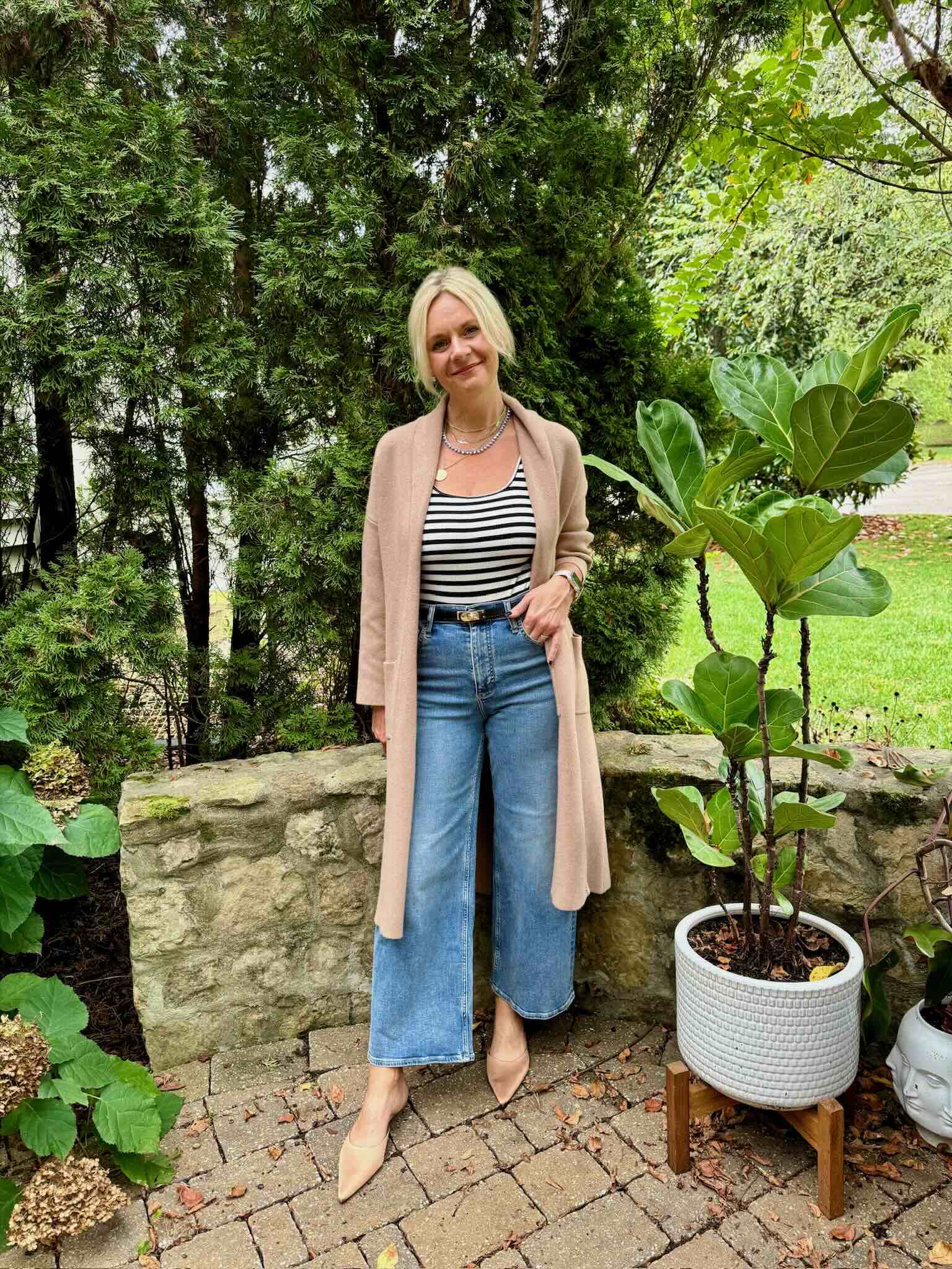 Stripes & Neutrals: The Ultimate Style Duo Coatigan & Striped Tee & Wide Leg Jean how to style stripes for fall fall fashion inspiration fall outfit how to wear a coatigan how to wear tan mules how to style wide leg jeans