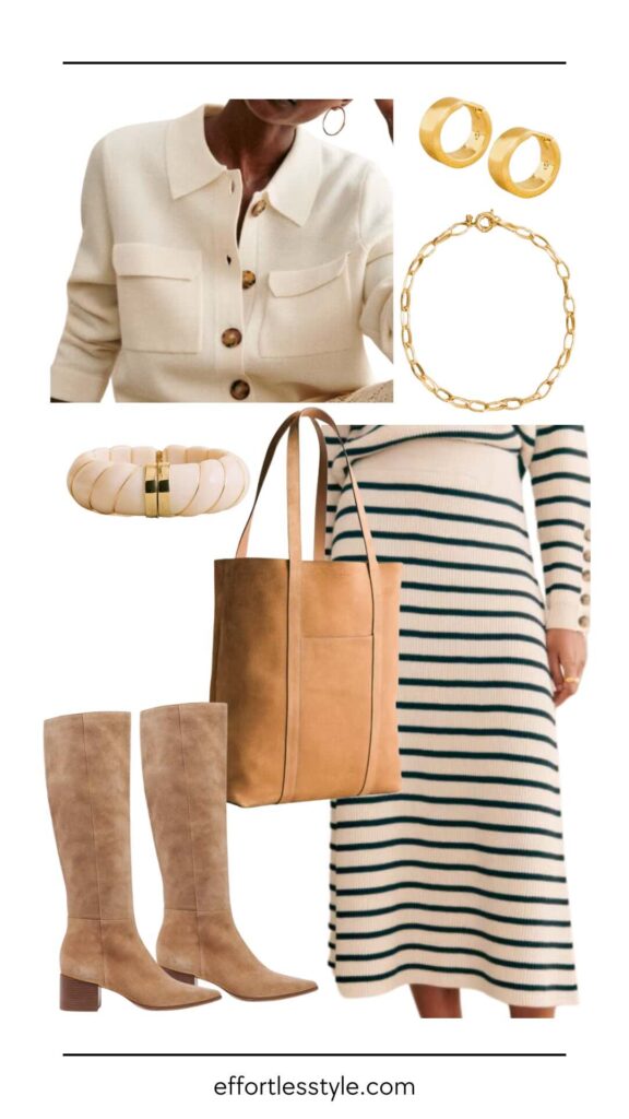 Stripes & Neutrals: The Ultimate Style Duo Shirt Collar Cardigan & Striped Midi Skirt how to wear a striped midi skirt how to wear tall boots the best fall accessories Nashville personal shoppers share fall style inspiration how to create a tone on tone look for fall how to wear ivory this fall