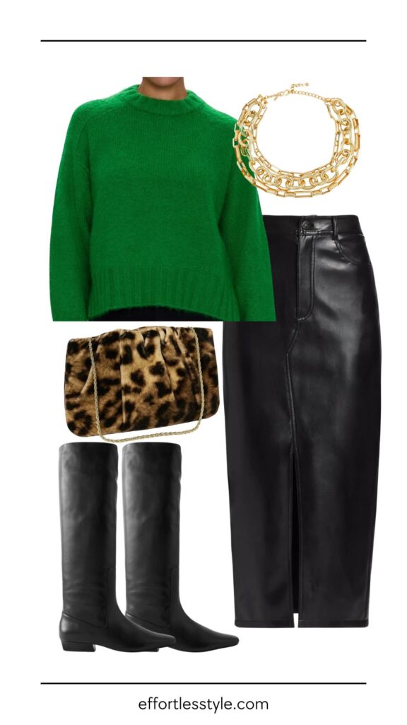 Fall Trends: Leopard Print Crewneck Sweater & Faux Leather Midi Skirt & Leopard Print Clutch how to style leopard print the leopard print trend how to wear animal print fall style inspiration what to wear this fall how to style a a leopard print bag how to wear a leopard print bag how to style a leather midi skirt how to wear green this fall the best tall boots how to style tall boots with a midi skirt