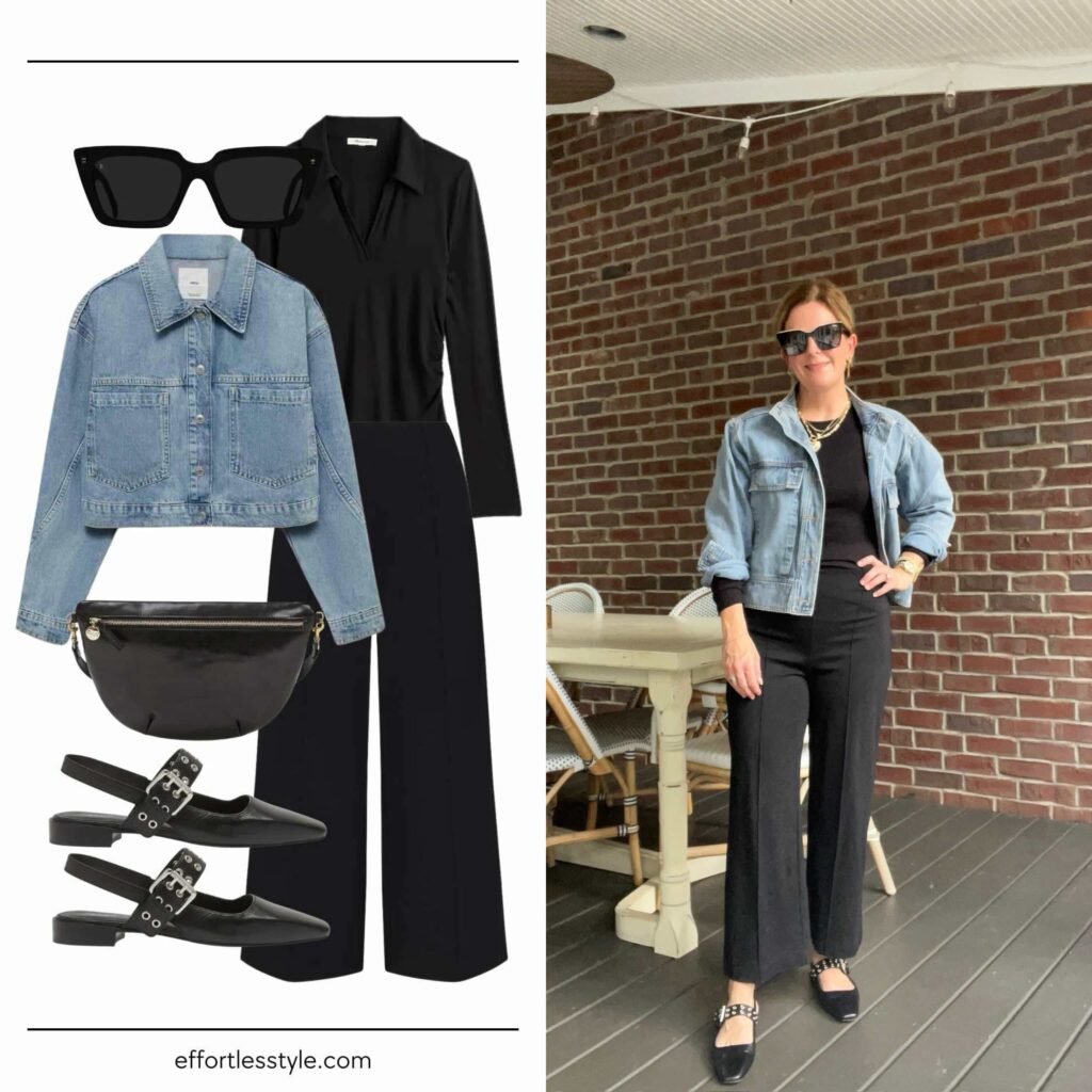 Fall Travel Capsule Wardrobe: How to Wear Denim Jacket + Long Sleeve Polo + Black Pant how to wear all black how to style a jean jacket with all black the best flats for travel the best flats for walking the best travel accessories Nashville personal shoppers share fall travel style fall outfit travel style inspo