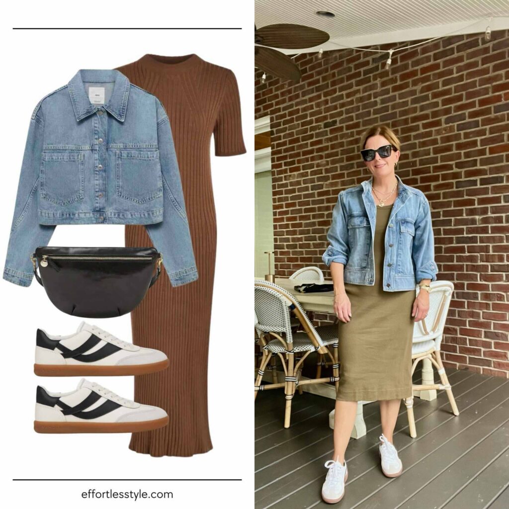 Denim Jacket + Midi Dress how to style a midi dress for fall how to wear sneakers with a midi dress what to wear in London what to wear in Paris the best fall accessories how to accessorize a midi dress