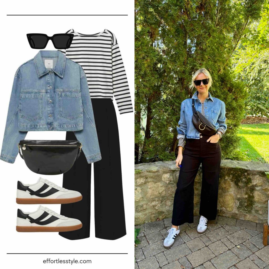 Fall Travel Capsule Wardrobe: How to Wear Denim Jacket + Striped Tee + Black Pant what to wear for fall travel what to pack for a trip to Europe how to style a jean jacket how to style sneakers with pants must have fall travel accessories the best neutral sneakers Nashville personal stylists share fall travel fashion