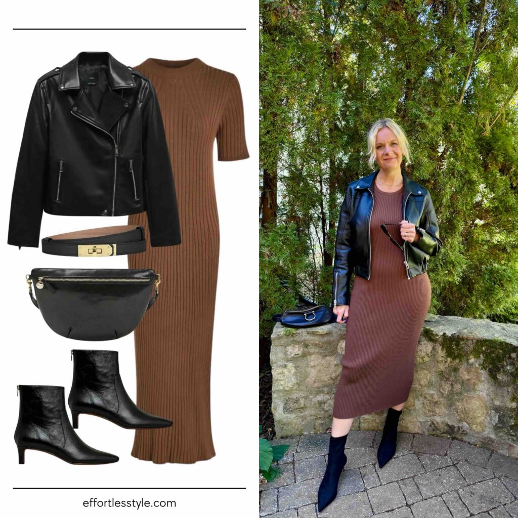 Faux Leather Jacket + Midi Dress how to style a leather jacket for travel how to dress up a midi dress how to style brown and black together how to accessorize a midi dress date night outfit dressy fall style 