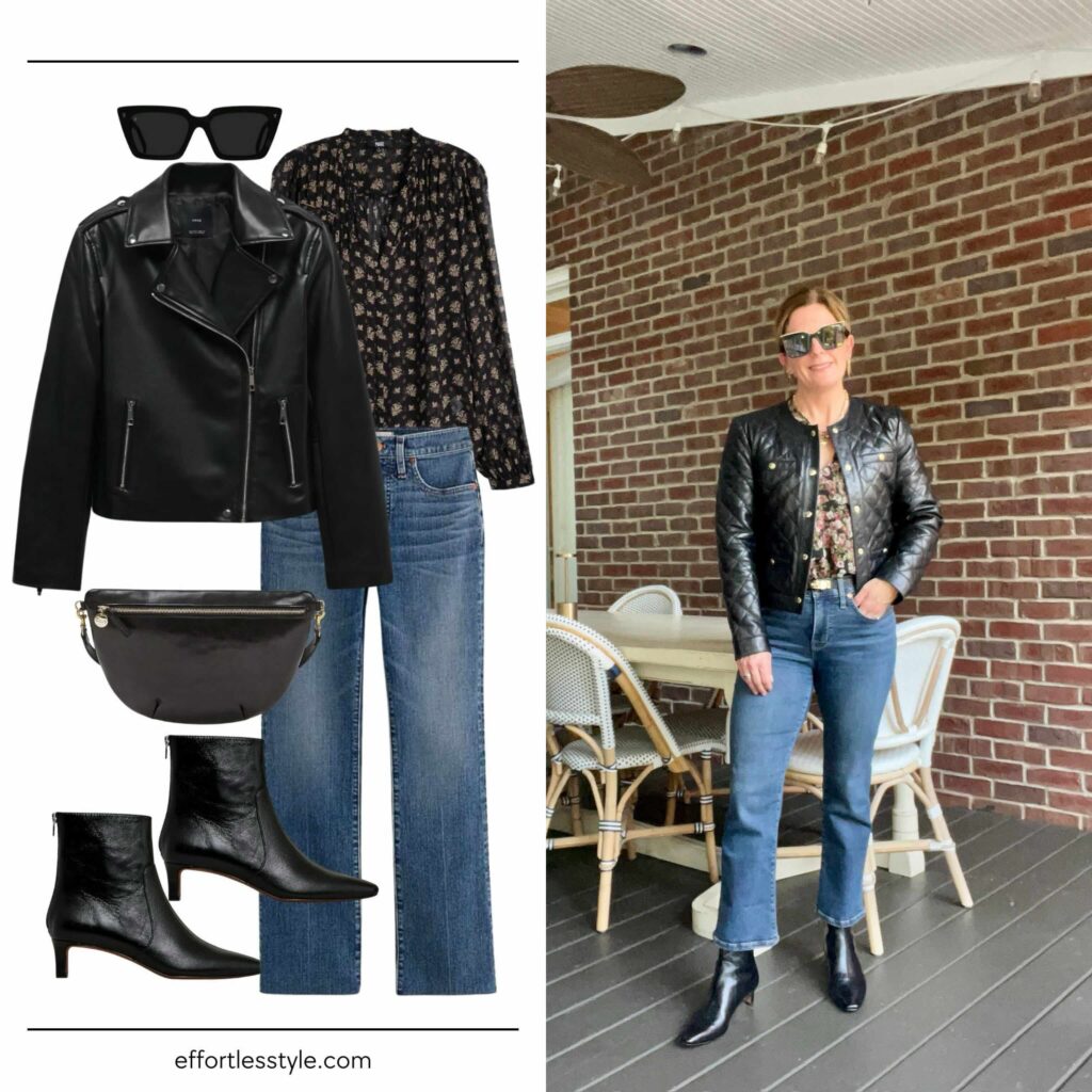 Fall Travel Capsule Wardrobe: How to Wear Leather Faux Jacket + Printed Blouse + Dark Wash Jean what to pack for a trip to Europe how to wear jeans in Europe how to dress up your jeans this fall how to wear a leather jacket how to style a printed blouse the best booties for fall the best kitten heel booties must have fall accessories