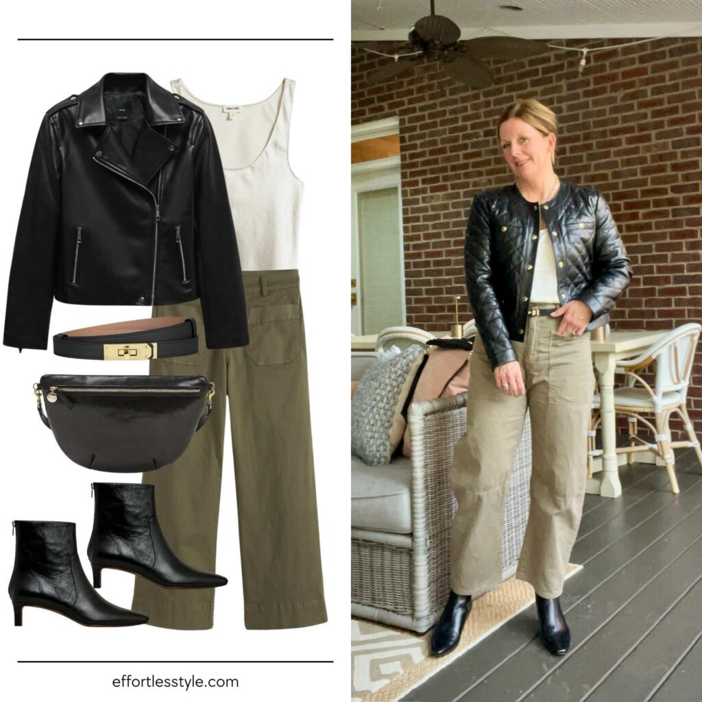 Fall Travel Capsule Wardrobe: How to Wear Faux Leather Jacket + Satin Tank + Wide Leg Pant what to wear in Europe how to dress up in Europe how to wear a leather jacket the best booties for fall travel fall travel style fall travel outfits how to style a lady jacket how to dress up your wide leg pants Nashville personal stylists share fall travel style inspo