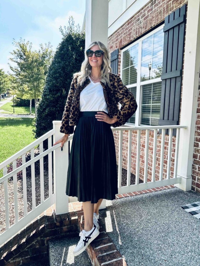 Animal Print Jacket & Pleated Midi Skirt