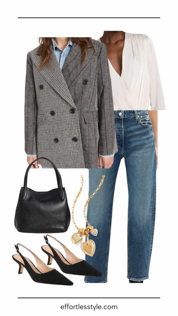 How To Wear Slingbacks Mixed Plaid Blazer & Barrel Leg Jean how to wear a blazer with jeans how to wear heels with jeans how to wear slingbacks with jeans how to wear jeans to work how to dress up your jeans dressy denim fall accessories 