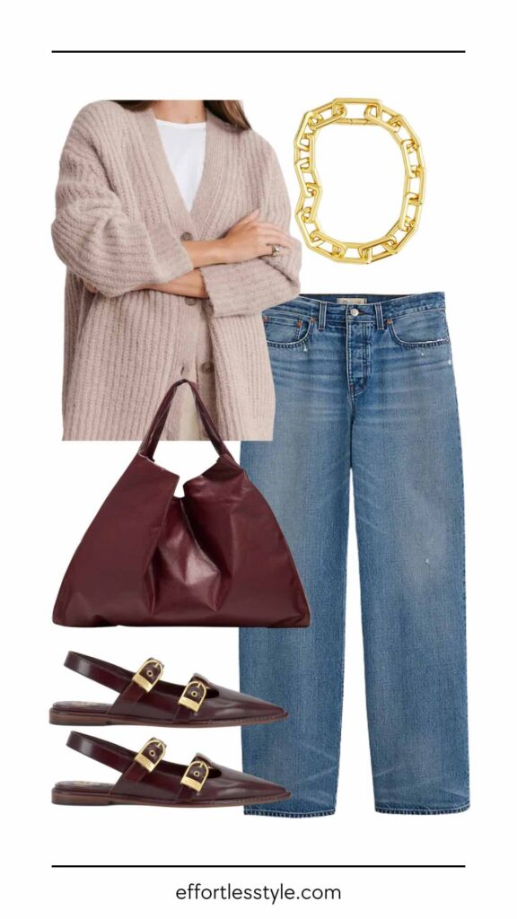 How To Wear Slingbacks Oversized Cardigan & Low Slung Baggy Jean how to style flat slingbacks the best fall accessories Nashville personal shoppers share casual fall style fall outfit how to wear low slung jeans the low slung jean trend the slinback trend the grommet buckle trend casual fall style