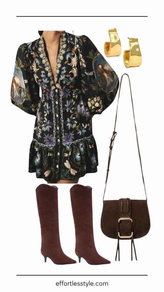 Fall Dress Edit: Stylish Picks For The Season Printed Mini Shirt Dress & Tall Boots how to wear a mini dress with tall boots how to style tall boots the best chocolate brown accessories the best suede accessories for fall thanksgiving outfit