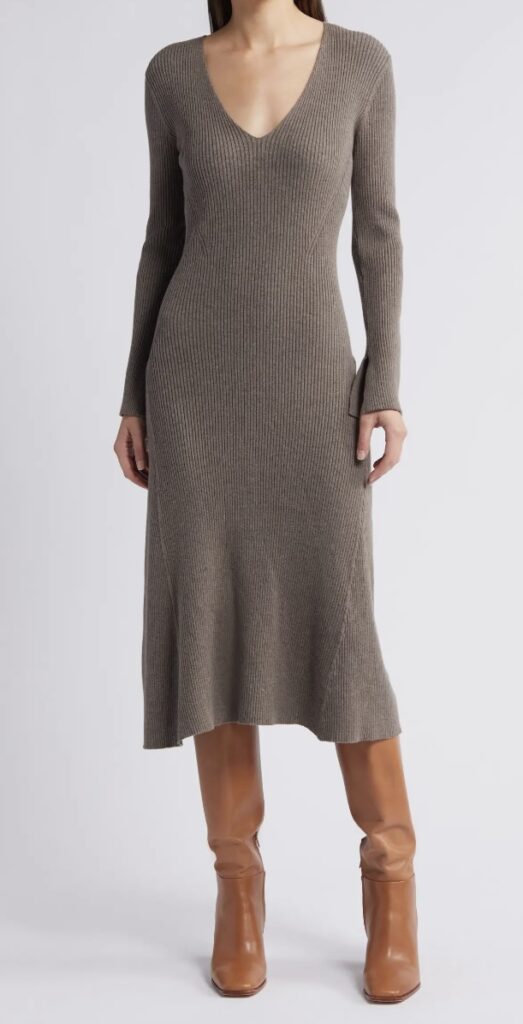 Fall Trends: Sweater Dresses Rib Knit V-Neck Sweater Midi Dress the sweater dress trend Nashville personal stylists share the best dresses for fall what to buy this fall what to wear this fall must have dresses for fall fall fashion what to wear this fall