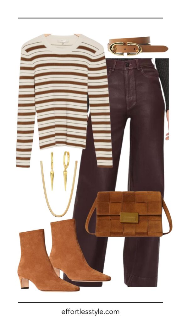 Stripes & Neutrals: The Ultimate Style Duo Striped Crewneck Sweater & Coated Wide Leg Jean how to wear a belt how to style a striped sweater how to wear stripes this fall how to add pattern to your neutral outfit how to accessorize burgundy jeans how to wear coated jeans fall fashion Nashville personal stylists share fall outfits