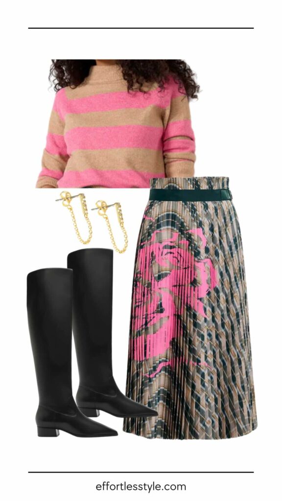 Fall Trends: All Things Plaid Striped Sweater & Checked Pleated Skirt how to style a pleated midi skirt how to wear over the knee boots how to mix  patterns for fall how to wear pink this fall fall outfits fall style inspo