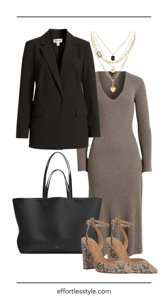 Fall Trends: Sweater Dresses Blazer & Sweater Midi Dress how to style a sweater dress for the office fall office style fall trends what to wear to work this fall how to style a midi dress for the office how to wear a blazer with a sweater dress what to layer over a sweater dress the best fall accessories fall office fashion fall outfits for the office