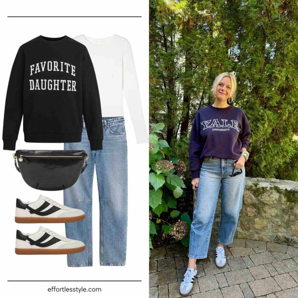 Fall Travel Capsule Wardrobe: How to Wear Sweatshirt + Barrel Jean what to wear for fall travel what to pack for a trip to Europe what to wear in Europe this fall how to pack for a trip to Europe fall travel style fall travel outfit how to style barrel jeans