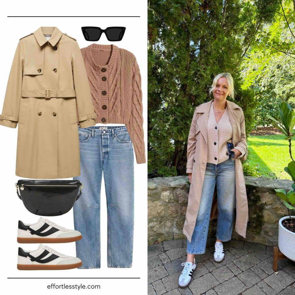 Fall Travel Capsule Wardrobe: How to Wear Trench Coat + Neutral Cardigan + Barrel Jean what to pack for a trip to Europe this fall how to style a trench coat how to style barrel jeans how to wear sneakers with a cardigan fall travel style fall travel outfit the best travel accessories