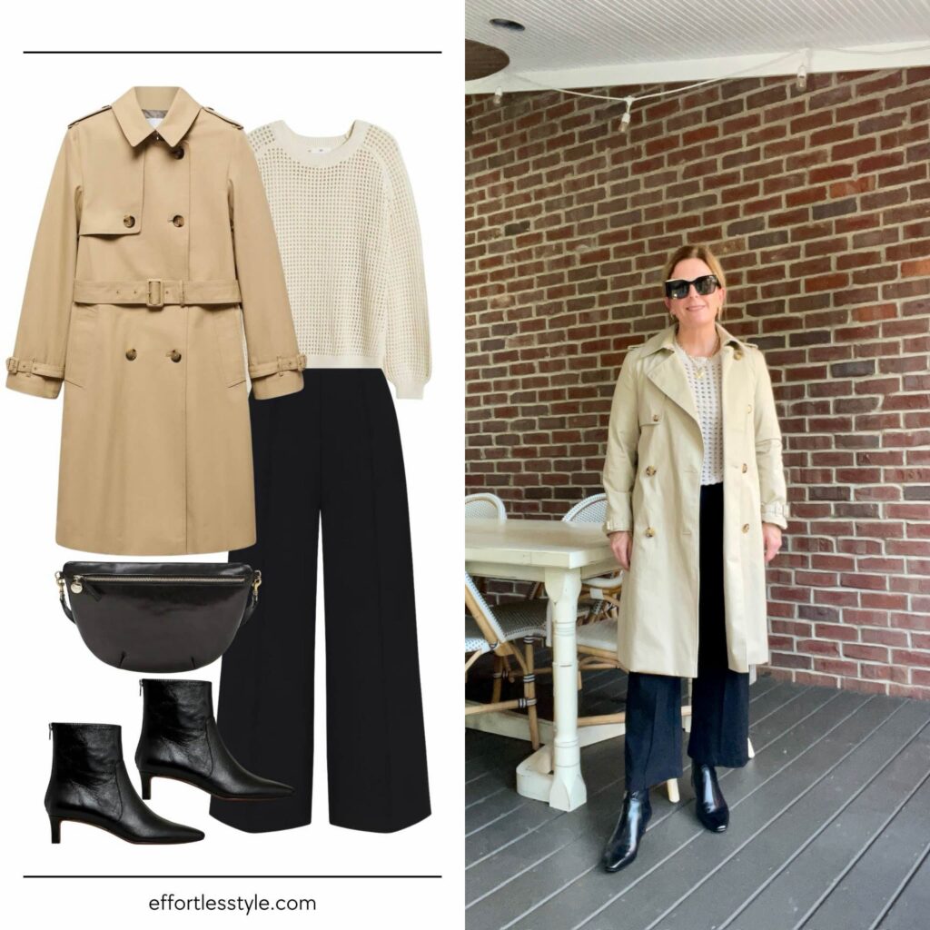 Trench Coat + Open Stitch Sweater + Black Pant how to style a trench coat how to style an open stitch sweater the best fall booties the best kitten heel booties fall fashion what to wear this fall fall outfits