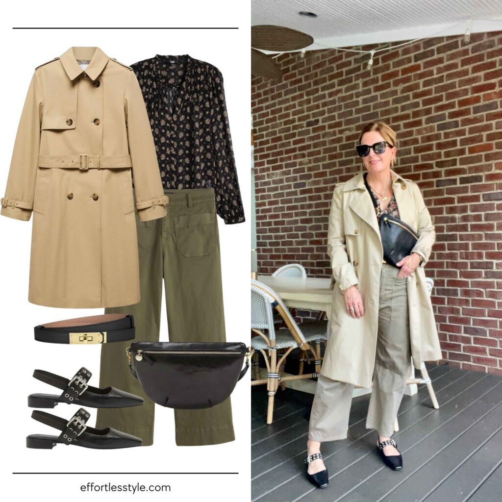 Trench Coat + Printed Blouse + Wide Leg Pant how to style a trench coat the best flats for walking the best shoes for travel Nashville personal stylists share the best travel accessories what to wear this fall affordable skinny belt how to style wide leg pants