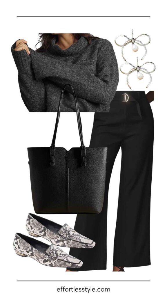 Five Flat Shoes That Look Good With Trousers Belted Wide Leg Trousers & Snakeskin Loafers how to style snakeskin shoes how to wear loafers with wide leg pants how to wear silver earrings how to style a simple sweater Nashville personal stylists share winter style inspiration what to wear this winter