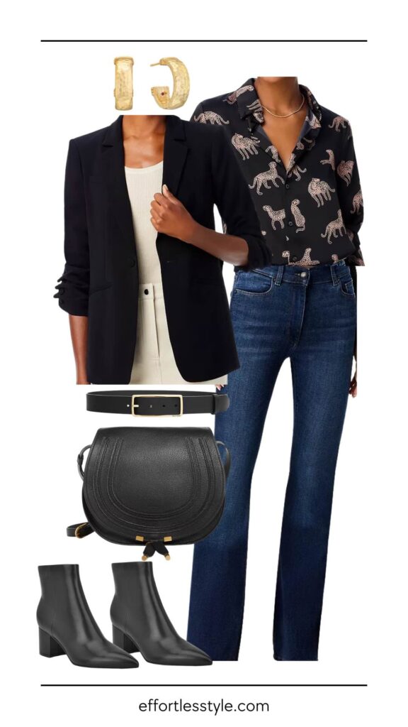 How To Wear A Black Blazer Black Blazer & Printed Blouse & Bootcut Jeans how to style a blazer with jeans how to style a printed blouse how to wear bootcut jeans fall outfit winter outfit Nashville personal stylists share tips for styling a black blazer how to wear jeans to work