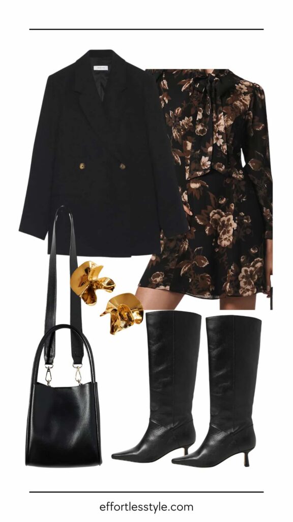 How To Wear A Black Blazer Black Blazer & Printed Dress how to wear a blazer over a dress how to style tall boots the best black boots Nashville personal stylists share work outfits what to wear this fall how to style a printed dress