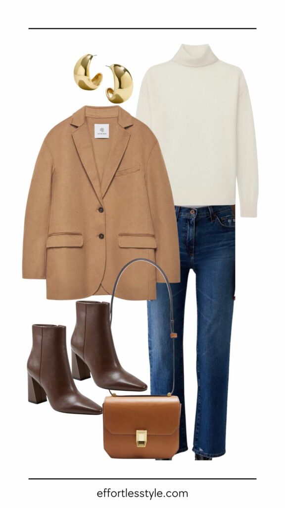 How To Wear A Camel Blazer Camel Blazer & Straight Leg Jean how to wear a turtleneck how to wear a blazer with dark wash jeans how to wear different tones of brown how to wear jeans to the office fall style inspiration 