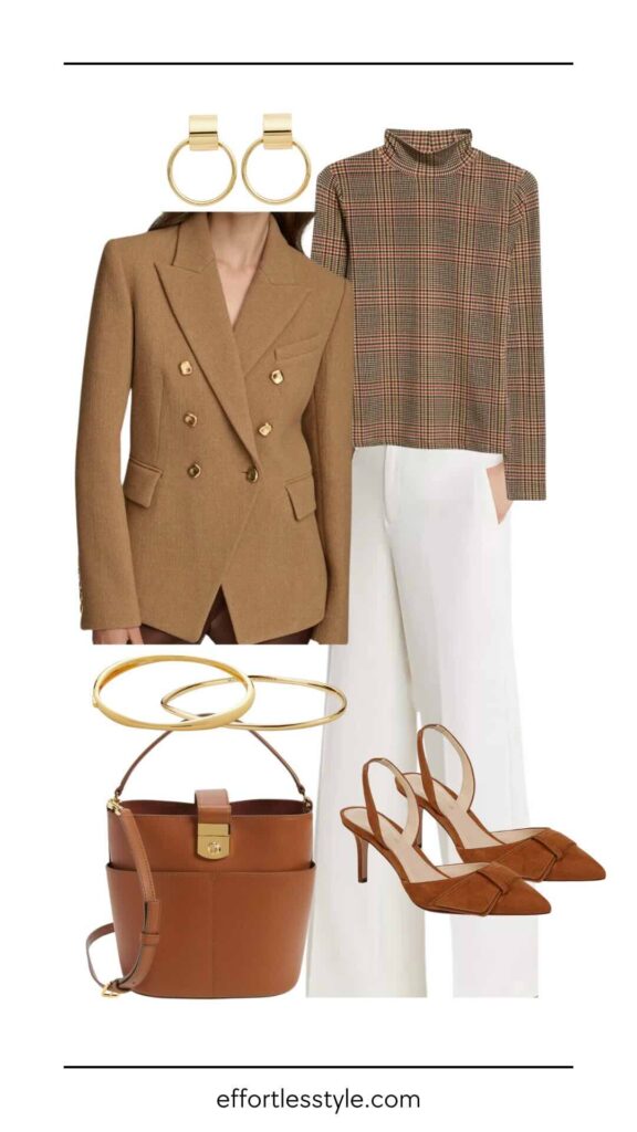 How To Wear A Camel Blazer Camel Blazer & Wide Leg Pant how to create a tone on tone look how to wear ivory pants in the fall how to style ivory pants in winter how to style a plaid turtleneck what to wear to work this fall the best whiskey accessories Nashville personal stylists share fall style inspo