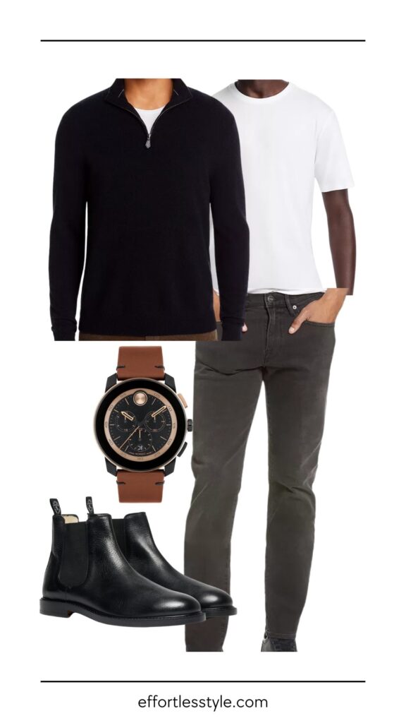 For The Guys: What To Wear To Holiday Parties Cashmere Half Zip & Grey Jeans what to wear to Christmas parties guys holiday style inspiration how to style grey jeans how to style guys Chelsea boots guys winter style winter menswear  Christmas style new years eve style