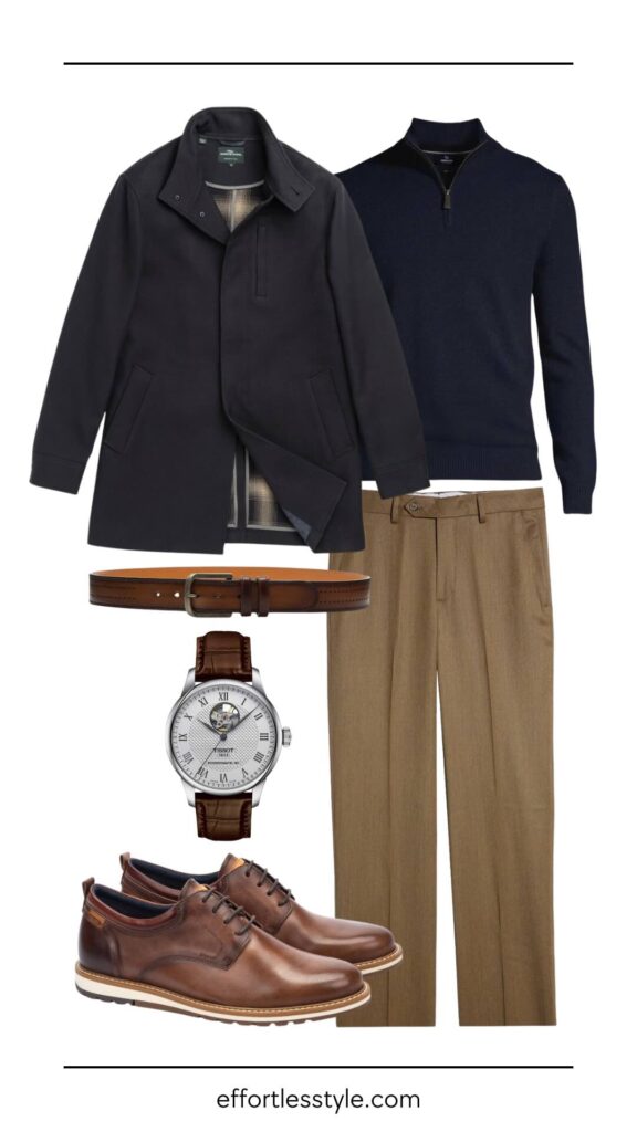 For The Guys: What To Wear To Holiday Parties Cashmere Quarter Zip & Wool Dress Pants how to style a quarter zip for a holiday party how to style wingtip oxfords the best watches holiday inspo for the guys what to wear this winter how to style car coat how to style dress pants winter menswear Christmas style new years eve style