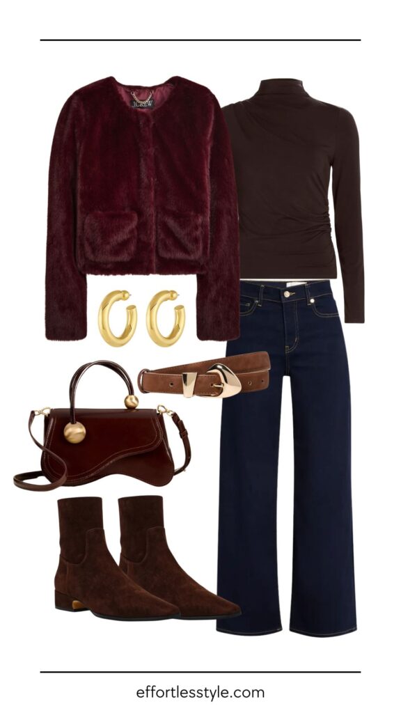 5 Outfit Ideas For Late November Faux Fur Lady Jacket & Palazzo Jeans what to wear for thanksgiving thanksgiving outfit what to wear to holiday parties how to style a faux fur jacket how to style a lady jacket how to wear brown accessories the best brown accessories must have accessories for fall and winter