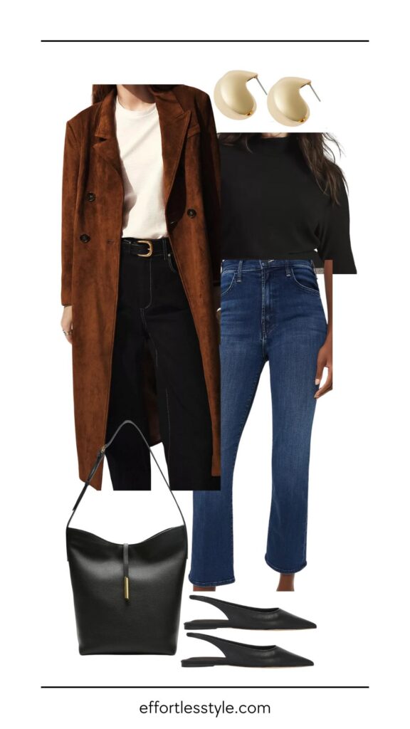 5 Outfit Ideas For Late November Faux Suede Trench Coat & Flare Ankle Jeans what to wear for Thanksgiving how to style slingbacks with jeans how to style a turtleneck must have jackets for winter how to style a trench coat how to wear a suede trench coat must have handbags