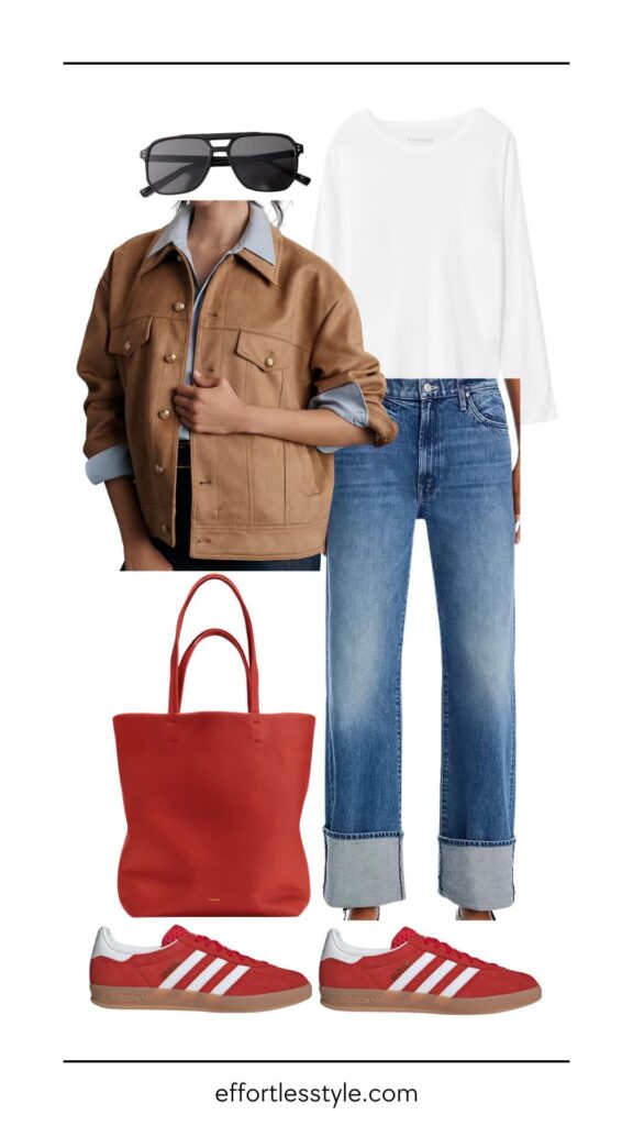 Faux Suede Trucker Jacket & Cuffed Jeans how to style a suede jacket how to style red sneakers how to style a red purse the best accessories for winter how to style cuffed jeans early winter outfit what to wear this fall casual thanksgiving outfit